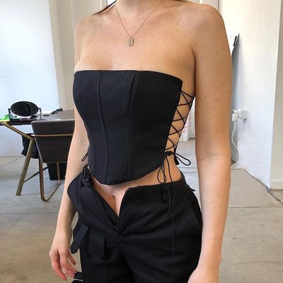 Sexy black corset lace tie up bustier crop top sleeveless strapless vest party club aesthetic goth e-girl kawaii korean japanese harajuku streetwear - Thumbnail 5
