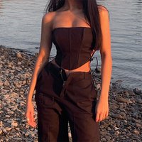 Sexy Black Corset Lace Tie Up Bustier Crop Top Sleeveless Strapless Vest Party Club Aesthetic Goth E-Girl Kawaii Korean Japanese Harajuku Streetwear - Thumbnail 2