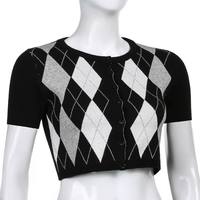 Cute Retro Vintage Argyle Preppy Knit Cardigan Sweater Jumper Short Sleeve Crop Top Aesthetic Goth E-Girl Kawaii Korean Japanese Harajuku Streetwear - Thumbnail 6