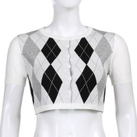 Cute Retro Vintage Argyle Preppy Knit Cardigan Sweater Jumper Short Sleeve Crop Top Aesthetic Goth E-Girl Kawaii Korean Japanese Harajuku Streetwear - Thumbnail 8