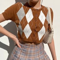 Cute Retro Vintage Argyle Preppy Knit Cardigan Sweater Jumper Short Sleeve Crop Top Aesthetic Goth E-Girl Kawaii Korean Japanese Harajuku Streetwear - Thumbnail 5