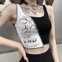 Cute Sexy Black White Patchwork Print Tank Crop Top Sleeveless Shirt Punk Bodycon Aesthetic Goth E-Girl Kawaii Korean Japanese Harajuku Streetwear - Thumbnail 2