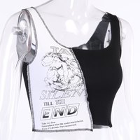 Cute Sexy Black White Patchwork Print Tank Crop Top Sleeveless Shirt Punk Bodycon Aesthetic Goth E-Girl Kawaii Korean Japanese Harajuku Streetwear - Thumbnail 5