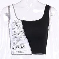 Cute Sexy Black White Patchwork Print Tank Crop Top Sleeveless Shirt Punk Bodycon Aesthetic Goth E-Girl Kawaii Korean Japanese Harajuku Streetwear - Thumbnail 6
