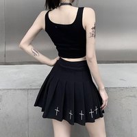 Cute Sexy Black White Patchwork Print Tank Crop Top Sleeveless Shirt Punk Bodycon Aesthetic Goth E-Girl Kawaii Korean Japanese Harajuku Streetwear - Thumbnail 4