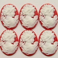 6 of 25X18 mm Classic Grecian Woman Cameos with Floral White over  Red Gorgeous - Thumbnail 1