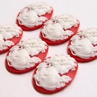 6 of 25X18 mm Classic Grecian Woman Cameos with Floral White over  Red Gorgeous - Thumbnail 3