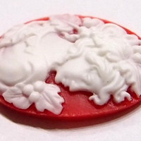 6 of 25X18 mm Classic Grecian Woman Cameos with Floral White over  Red Gorgeous - Thumbnail 4