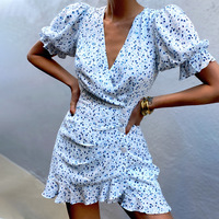 Sexy V-Neck Short Sleeves Flounced Dress - Thumbnail 1