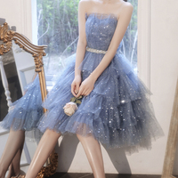 Blue tulle sequins short prom dress party dress - Thumbnail 1