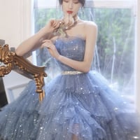 Blue tulle sequins short prom dress party dress - Thumbnail 4