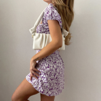 Printed High-Waist Short-Sleeved Floral Dress - Thumbnail 2