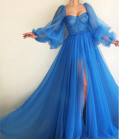 Beautiful Long Sleeve Tulle Blue Party Dress,Side Slit Prom Dresses,996