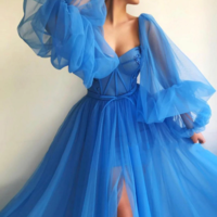 Beautiful Long Sleeve Tulle Blue Party Dress,Side Slit Prom Dresses,996 - Thumbnail 1