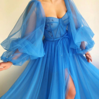 Beautiful Long Sleeve Tulle Blue Party Dress,Side Slit Prom Dresses,996 - Thumbnail 3