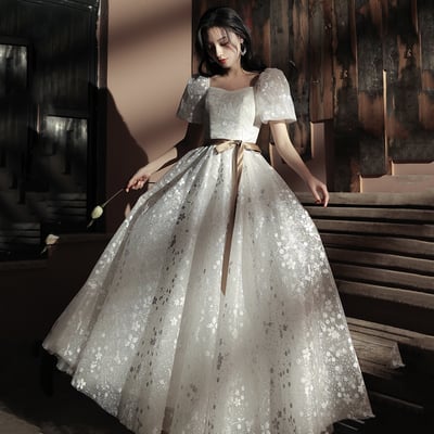 Sweet a line sequins long prom dress white evening dress - Thumbnail 2