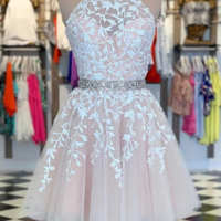 A-line knee length halter neckline homecoming dress,Light pink lace juniors' dress,496 - Thumbnail 2