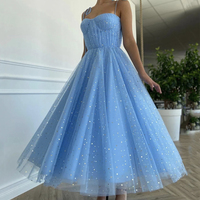 Blue tulle tea length prom dress blue evening dress,497 - Thumbnail 1