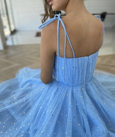 Blue tulle tea length prom dress blue evening dress,497