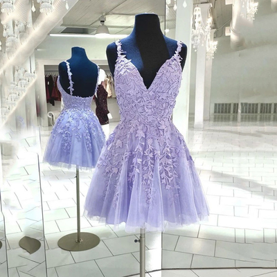 Purple lace short prom dress homecoming dress,498