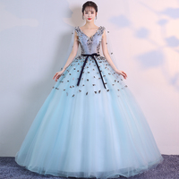 Stylish v neck tulle applieque long prom dress, evening dress,500 - Thumbnail 1