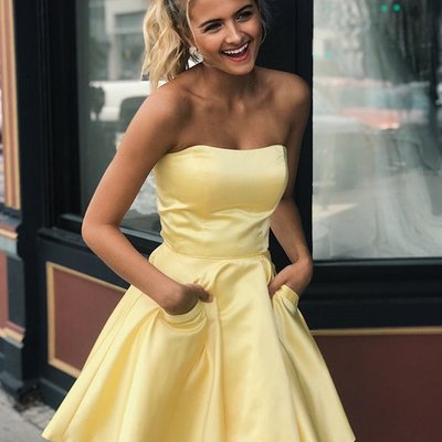 Cute yellow strapless cocktail dresses,a line homecoming dress with pockets,504 - Thumbnail 3