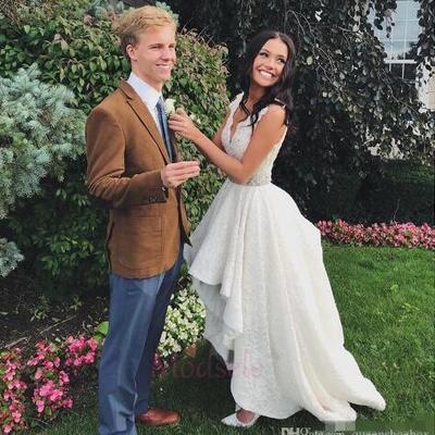 Gorgeous high low wedding dresses scalloped v neck lace applique tiered straps sleeveless country wedding bridal gown vestido de novia,999