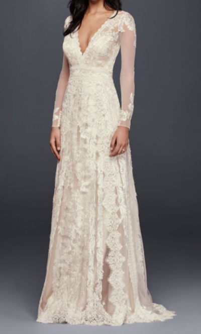 Long Sleeve Slit V Neck Lace Wedding Dress,Full Lace Bride Dress with Long Sleeves,1000