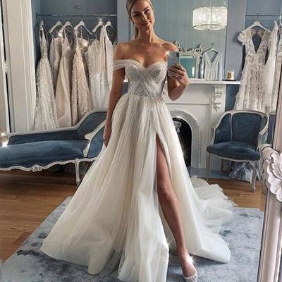 Sexy off shoulder wedding dress, high split wedding dress, tulle wedding dress,1002