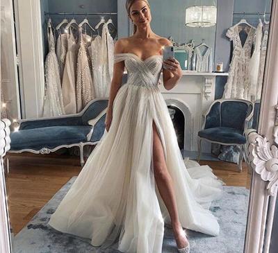 Sexy Off Shoulder Wedding Dress, High Split Wedding Dress, Tulle Wedding Dress,1002