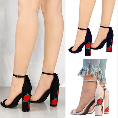 Europe and the united states new fashion ankle strap floral embroidered chunky high heels
