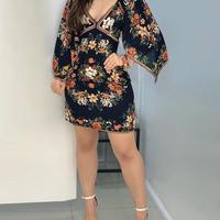 Sexy Printed Deep V-Neck Long Sleeve Dress - Thumbnail 1