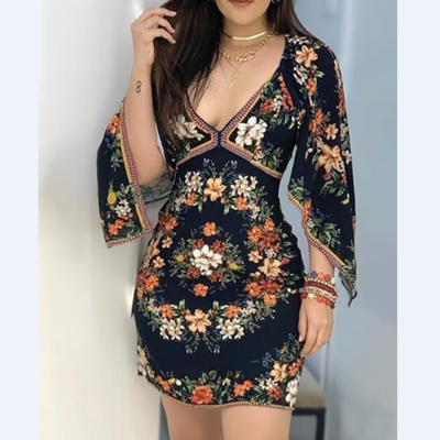 Sexy printed deep v-neck long sleeve dress - Thumbnail 3