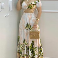 Sweet Printed V-Neck Slim Casual Dress - Thumbnail 1