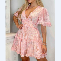 Elegant Floral V-Neck Printed Dress - Thumbnail 1