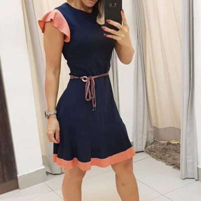 Solid color round neck dress - Thumbnail 3