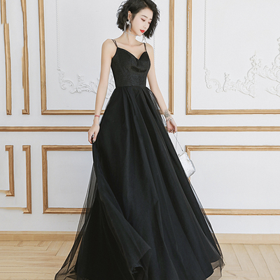 Black tulle long a line prom dress evening dress - Thumbnail 4