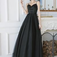 Black tulle long A line prom dress evening dress - Thumbnail 1