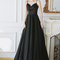 Black tulle long A line prom dress evening dress - Thumbnail 2