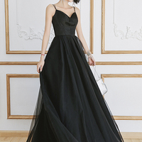 Black tulle long A line prom dress evening dress - Thumbnail 3