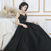 Black tulle long A line prom dress evening dress - Thumbnail 4