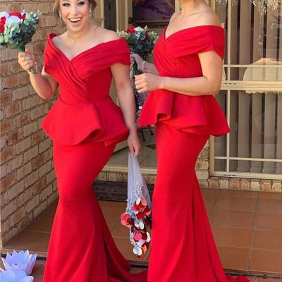 Off the shoulder red bridesmaid dresses for wedding - Thumbnail 4