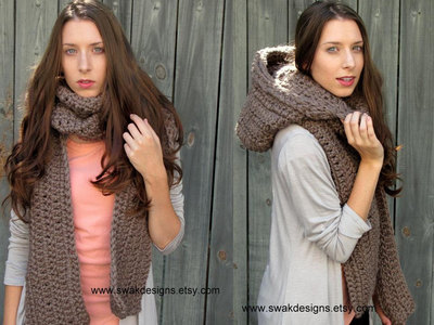 Hooded scarf scoodie the lofty wool hooded scarf thick oversized scarf mortar brown or choose your color