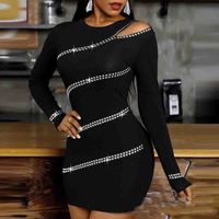 Temperament Strapless Hot Rhinestone Slim Long-Sleeved Hip Dress - Thumbnail 2