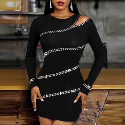 Temperament Strapless Hot Rhinestone Slim Long-Sleeved Hip Dress