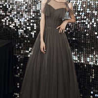Gray tulle long A line prom dress evening dress - Thumbnail 1