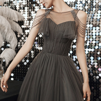 Gray tulle long A line prom dress evening dress - Thumbnail 2