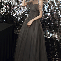 Gray tulle long A line prom dress evening dress - Thumbnail 4