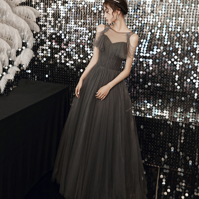 Gray tulle long a line prom dress evening dress - Thumbnail 3