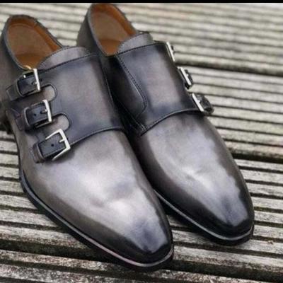 Classic men's grey black triple monk strap leather shoes - Thumbnail 3
